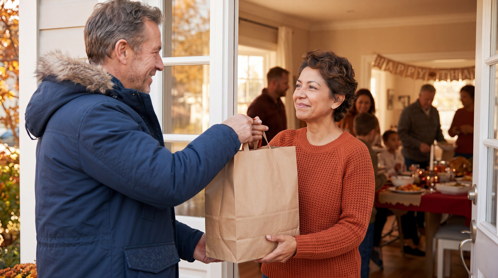 man in navy winter coat delivers a paper bag of thanksgiving meals to a woman in an orange sweater at her front door